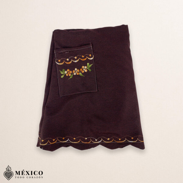 Dark burgundy Mexican embroidered essential cotton blend kitchen apron featuring a daisy floral design