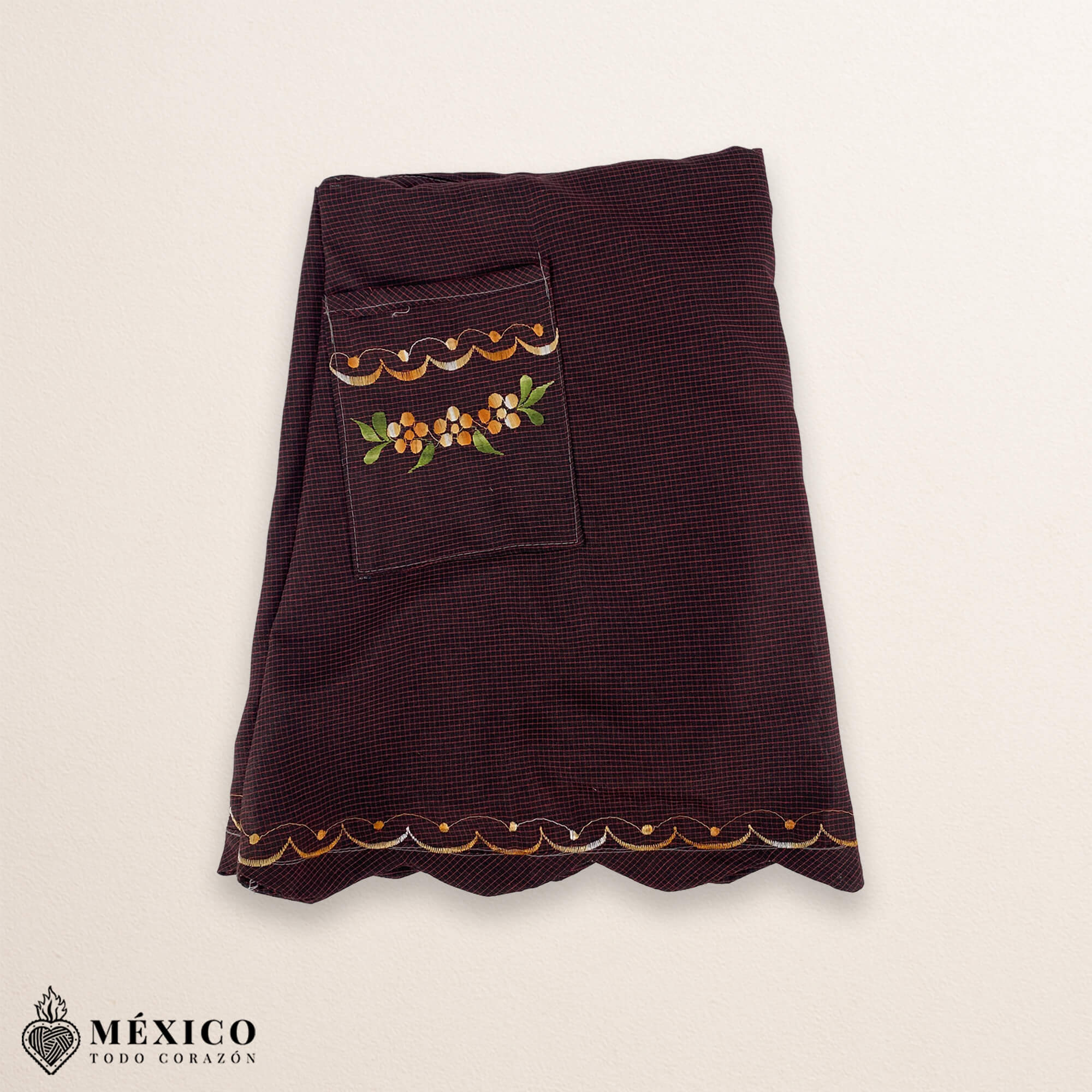 Dark burgundy Mexican embroidered essential cotton blend kitchen apron featuring a daisy floral design