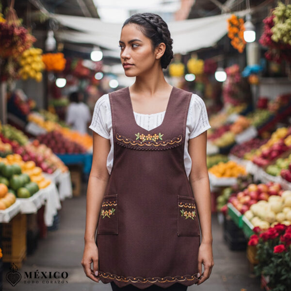 Dark burgundy Mexican embroidered essential cotton blend kitchen apron featuring a daisy floral design