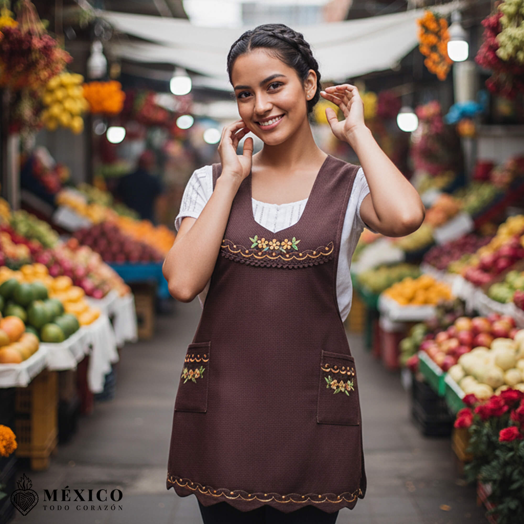 Dark burgundy Mexican embroidered essential cotton blend kitchen apron featuring a daisy floral design