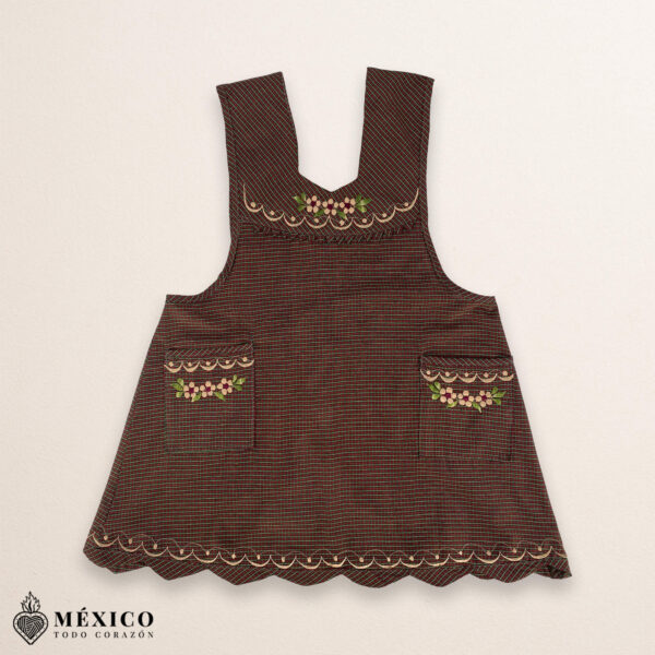 Brown checkered Mexican embroidered essential cotton blend kitchen apron featuring a daisy floral design