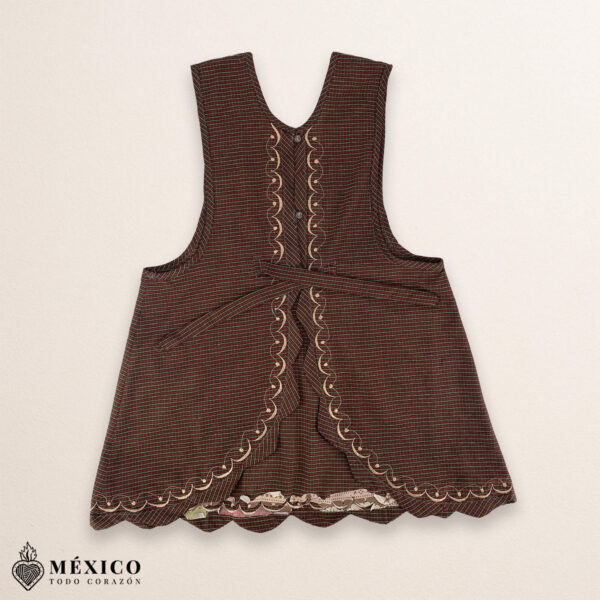Brown checkered Mexican embroidered essential cotton blend kitchen apron featuring a daisy floral design