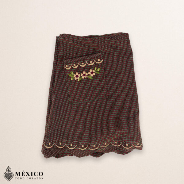 Brown checkered Mexican embroidered essential cotton blend kitchen apron featuring a daisy floral design