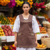 Brown checkered Mexican embroidered essential cotton blend kitchen apron featuring a daisy floral design