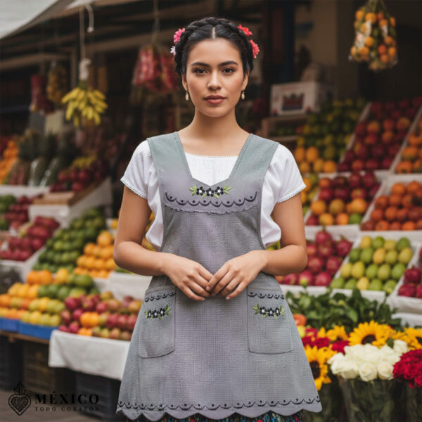 Light gray Mexican embroidered essential cotton blend kitchen apron featuring a daisy floral design