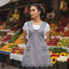 Light gray Mexican embroidered essential cotton blend kitchen apron featuring a daisy floral design