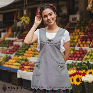 Light gray Mexican embroidered essential cotton blend kitchen apron featuring a daisy floral design