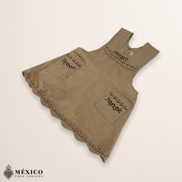Beige Mexican embroidered essential cotton blend kitchen apron featuring a daisy floral design