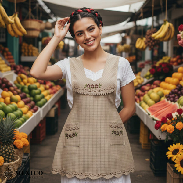 Beige Mexican embroidered essential cotton blend kitchen apron featuring a daisy floral design