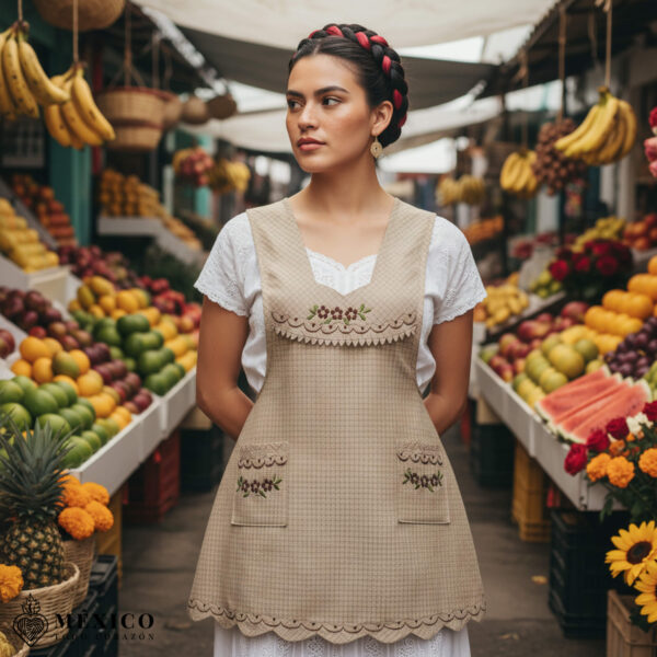 Beige Mexican embroidered essential cotton blend kitchen apron featuring a daisy floral design