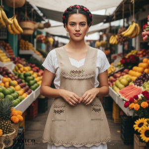 Beige Mexican embroidered essential cotton blend kitchen apron featuring a daisy floral design
