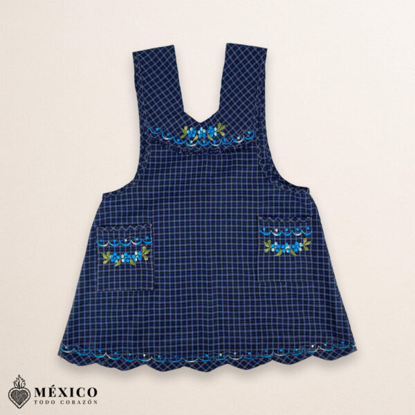 Blue Mexican embroidered essential cotton blend kitchen apron featuring a daisy floral design