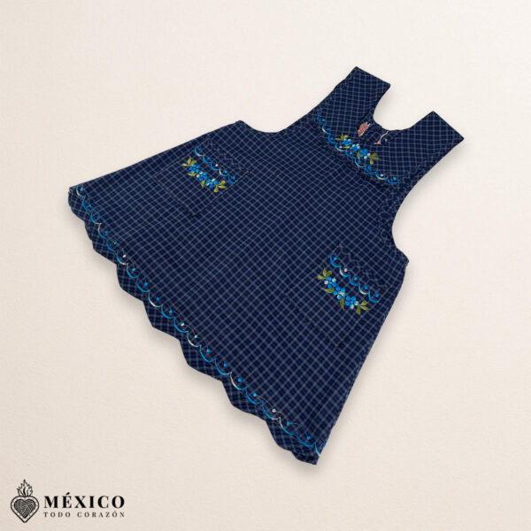Blue Mexican embroidered essential cotton blend kitchen apron featuring a daisy floral design