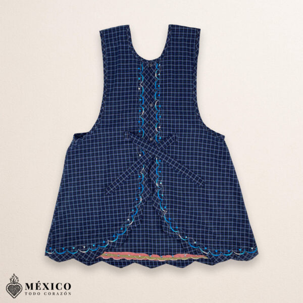 Blue Mexican embroidered essential cotton blend kitchen apron featuring a daisy floral design