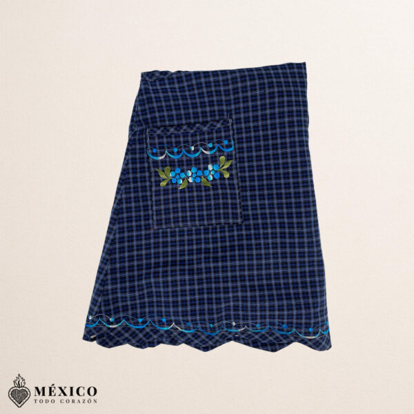 Blue Mexican embroidered essential cotton blend kitchen apron featuring a daisy floral design