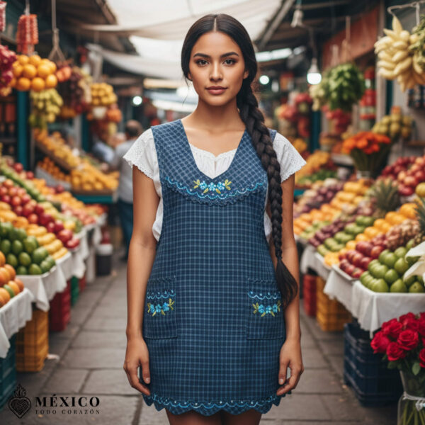 Blue Mexican embroidered essential cotton blend kitchen apron featuring a daisy floral design