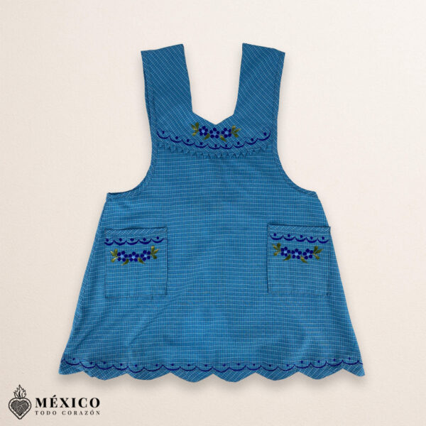 Light blue Mexican embroidered essential cotton blend kitchen apron featuring a daisy floral design