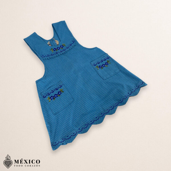 Light blue Mexican embroidered essential cotton blend kitchen apron featuring a daisy floral design