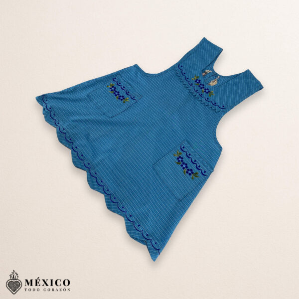 Light blue Mexican embroidered essential cotton blend kitchen apron featuring a daisy floral design