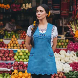 Light blue Mexican embroidered essential cotton blend kitchen apron featuring a daisy floral design