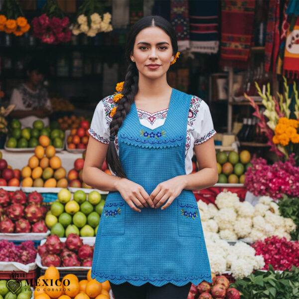 Light blue Mexican embroidered essential cotton blend kitchen apron featuring a daisy floral design
