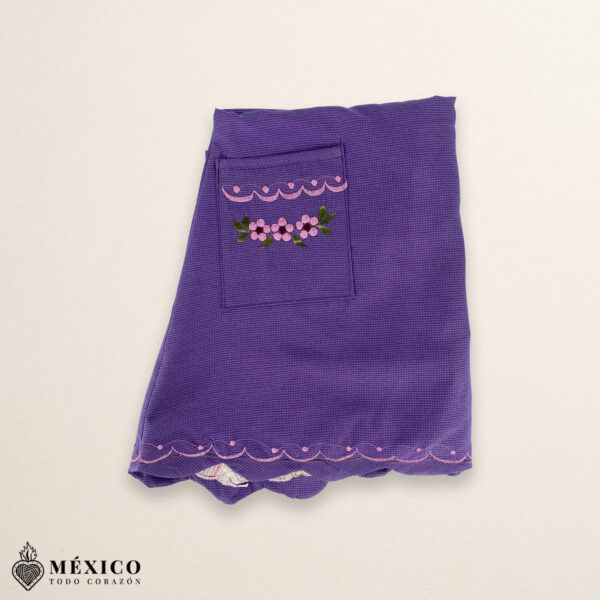 Lilac blue Mexican embroidered essential cotton blend kitchen apron featuring a daisy floral design