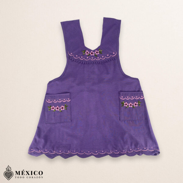 Lilac blue Mexican embroidered essential cotton blend kitchen apron featuring a daisy floral design
