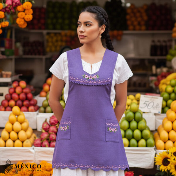Lilac blue Mexican embroidered essential cotton blend kitchen apron featuring a daisy floral design