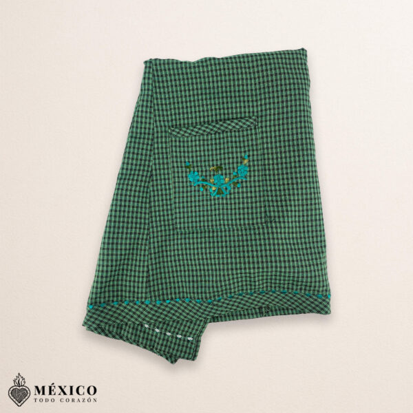 Green Mexican embroidered essential cotton kitchen apron featuring a floral design