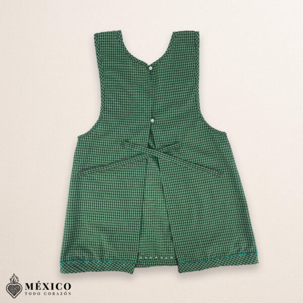 Green Mexican embroidered essential cotton kitchen apron featuring a floral design