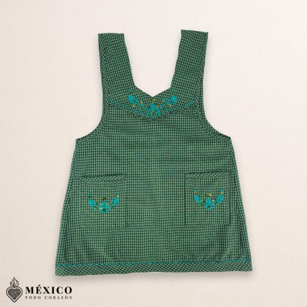 Green Mexican embroidered essential cotton kitchen apron featuring a floral design
