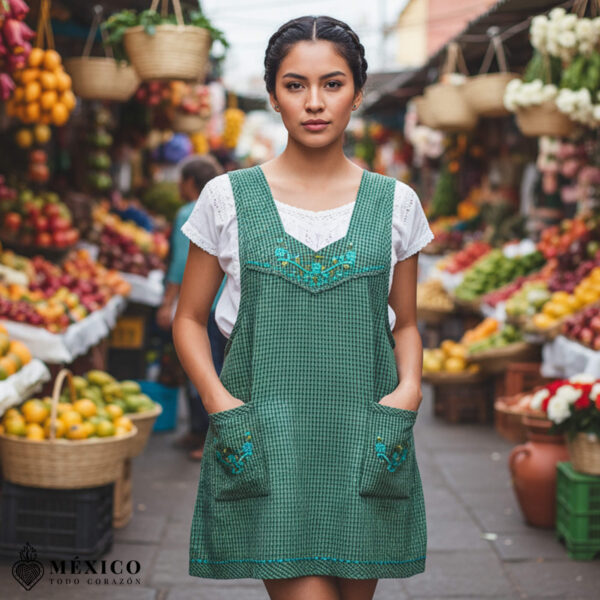 Green Mexican embroidered essential cotton kitchen apron featuring a floral design
