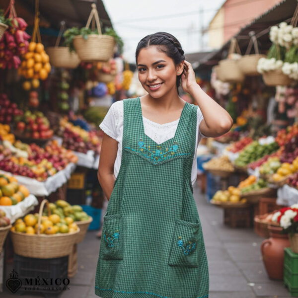 Green Mexican embroidered essential cotton kitchen apron featuring a floral design