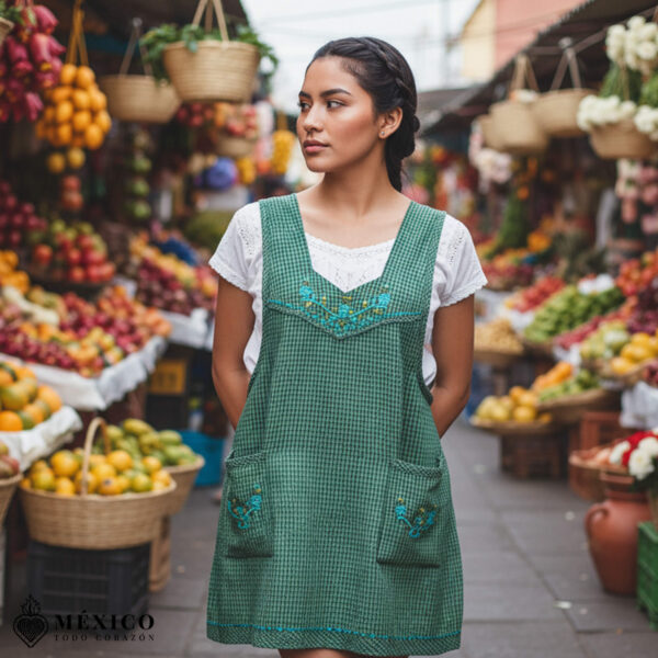 Green Mexican embroidered essential cotton kitchen apron featuring a floral design