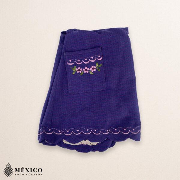 Purple Mexican embroidered essential cotton kitchen apron featuring a floral design