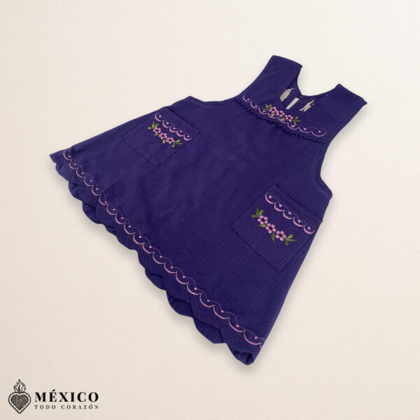 Purple Mexican embroidered essential cotton kitchen apron featuring a floral design