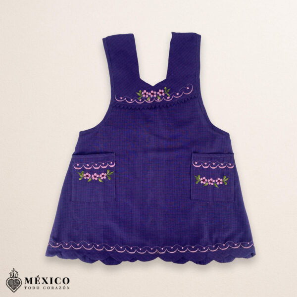 Purple Mexican embroidered essential cotton kitchen apron featuring a floral design