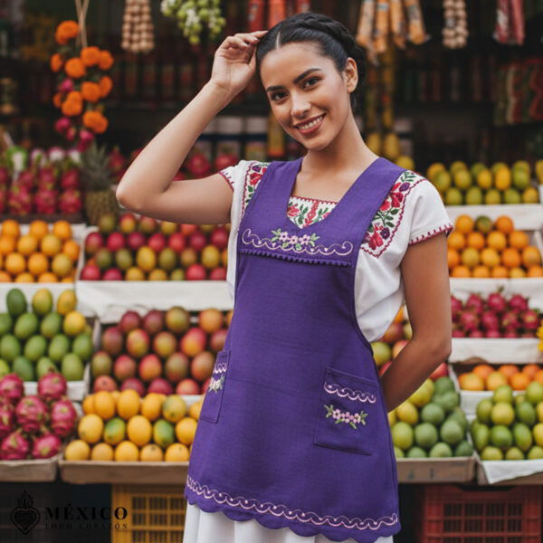 Purple Mexican embroidered essential cotton kitchen apron featuring a floral design