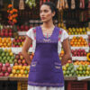 Purple Mexican embroidered essential cotton kitchen apron featuring a floral design