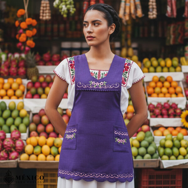 Purple Mexican embroidered essential cotton kitchen apron featuring a floral design
