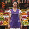 Purple Mexican embroidered essential cotton kitchen apron featuring a floral design