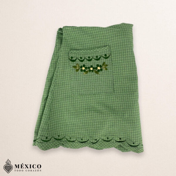 Green Mexican embroidered essential cotton kitchen apron featuring a floral design