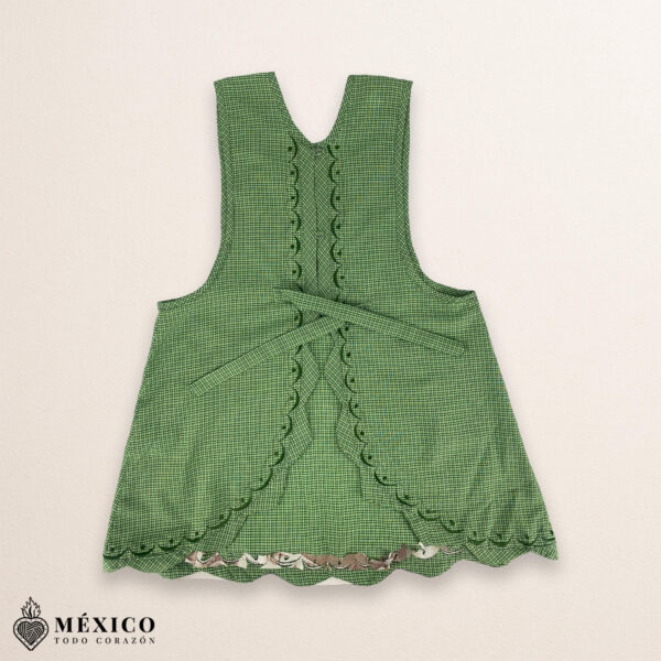 Green Mexican embroidered essential cotton kitchen apron featuring a floral design