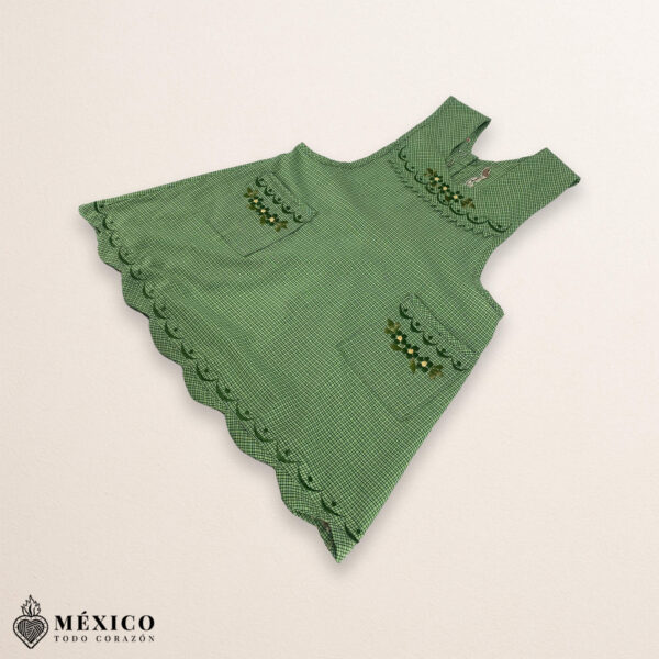 Green Mexican embroidered essential cotton kitchen apron featuring a floral design