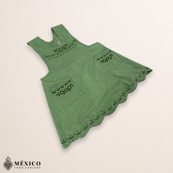 Green Mexican embroidered essential cotton kitchen apron featuring a floral design