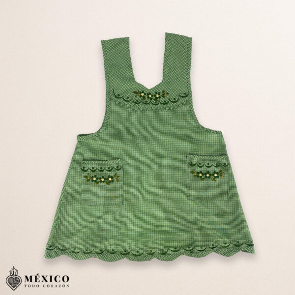 Green Mexican embroidered essential cotton kitchen apron featuring a floral design