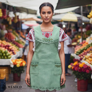 Green Mexican embroidered essential cotton kitchen apron featuring a floral design