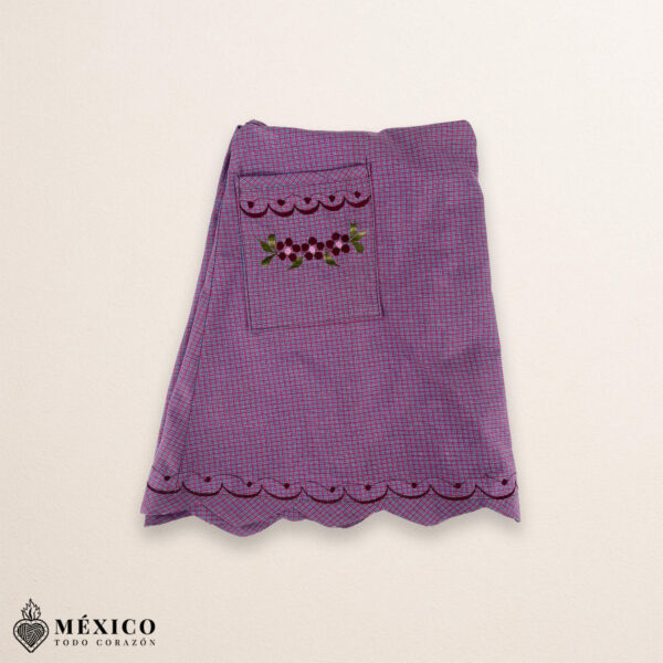 Lilac blue Mexican embroidered essential cotton blend kitchen apron featuring a daisy floral design