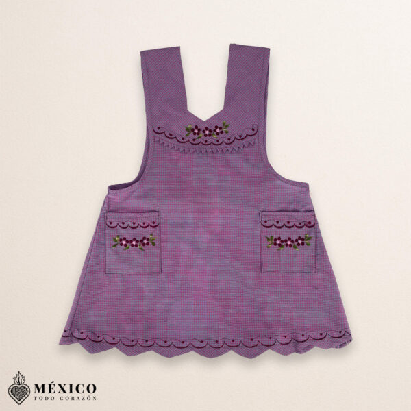 Lilac blue Mexican embroidered essential cotton blend kitchen apron featuring a daisy floral design