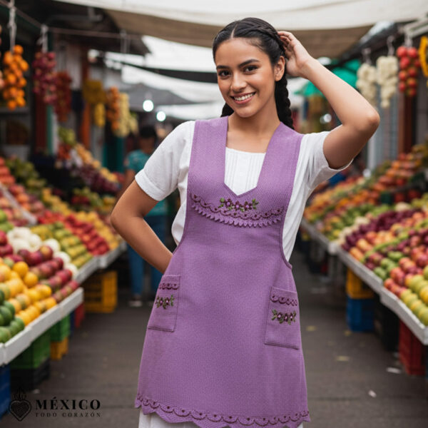 Lilac blue Mexican embroidered essential cotton blend kitchen apron featuring a daisy floral design